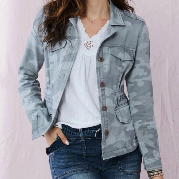 Maurices 100% Cotton Green Camo Cinched Waist Military Jacket Medium Women’s - Picture 12 of 12